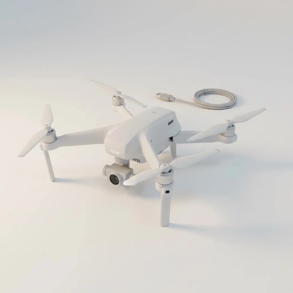 Quadcopter drone flying over a scenic landscape