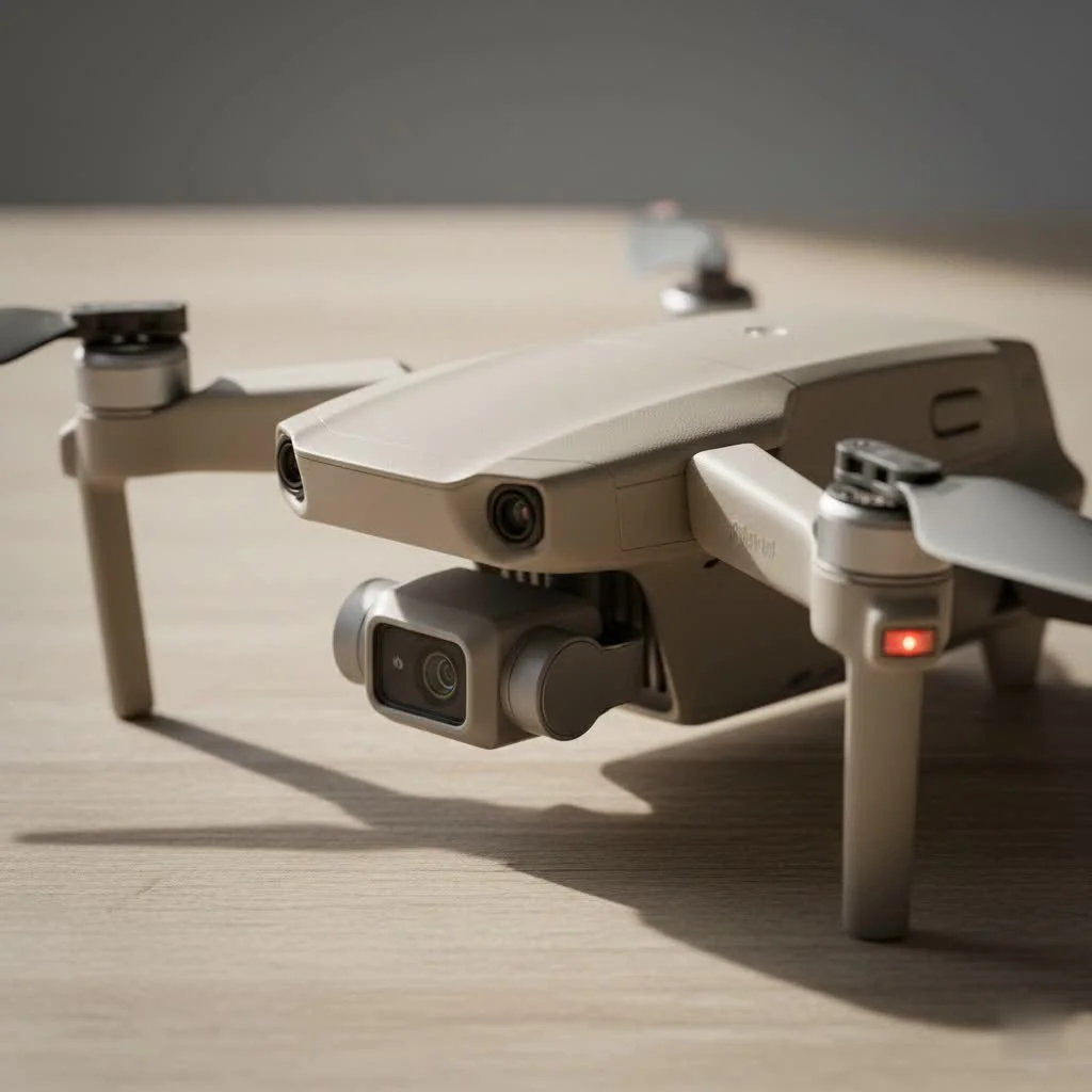 A sleek, modern UAV drone with multiple rotors flying against a clear blue sky