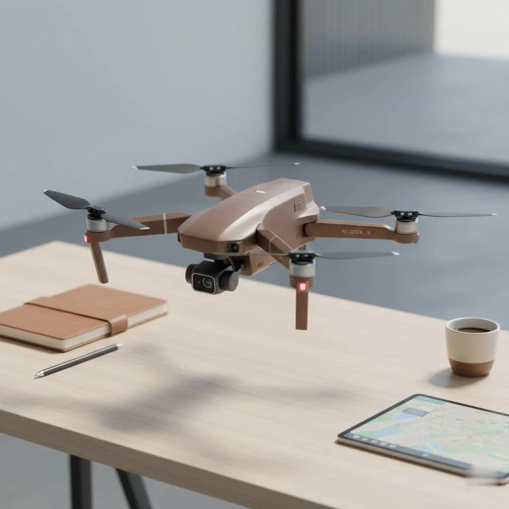 Drone aircraft flying over a scenic landscape