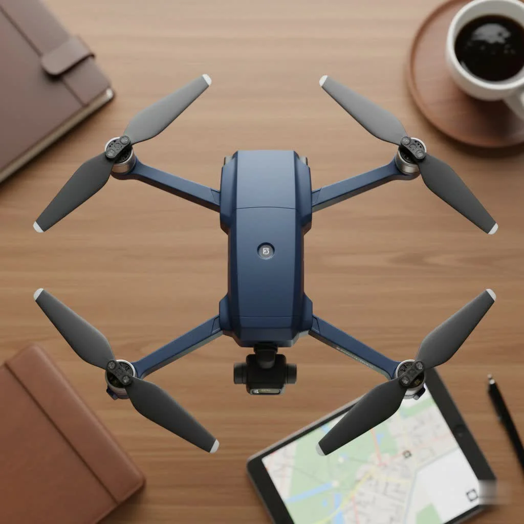 Small micro drone flying outdoors over a grassy field