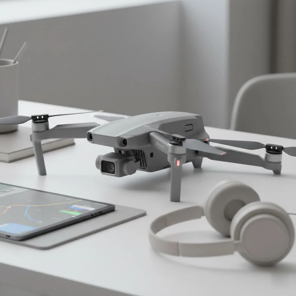 Small drone flying over a scenic landscape