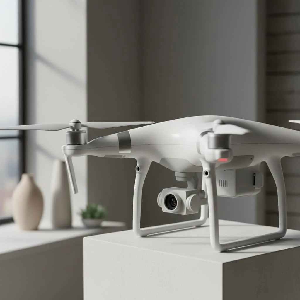 Mini drone with camera flying over a scenic landscape