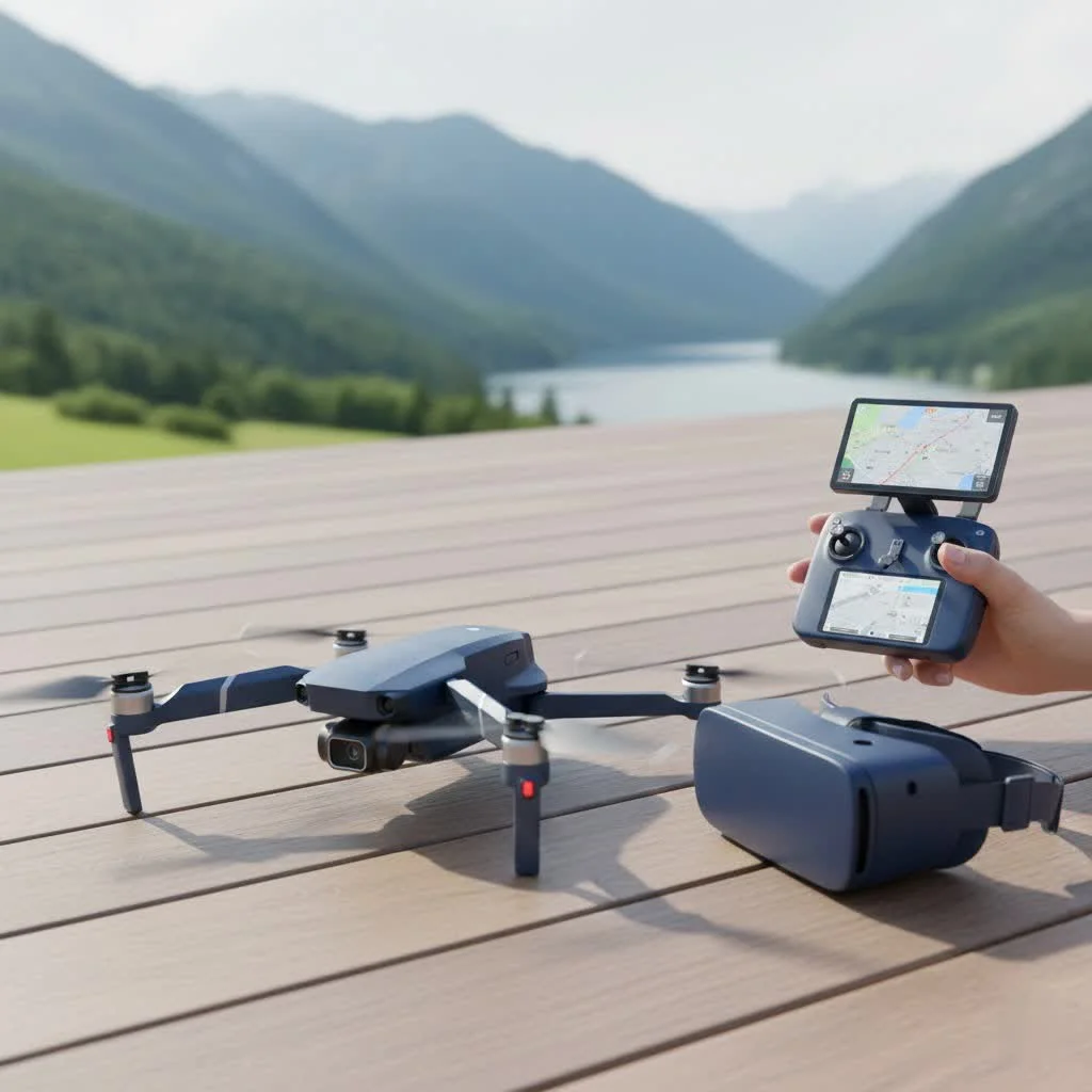 Drone hovering over a scenic landscape at sunset