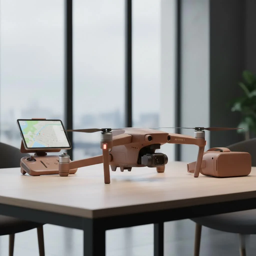 DJI Air 3 drone flying over a scenic landscape