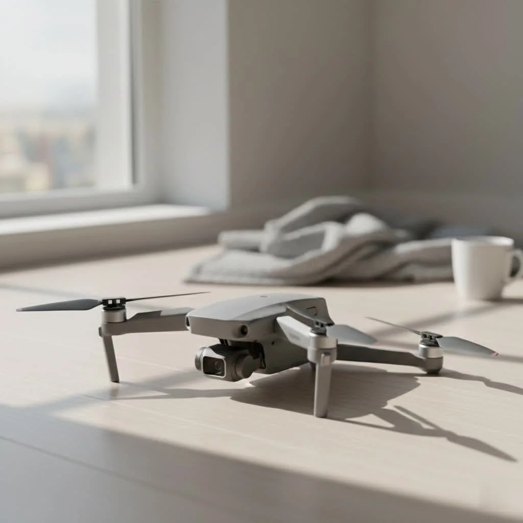 Drone hovering over a field, ready for flight