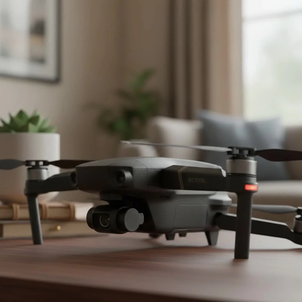 DJI Mini 2 drone flying over a scenic landscape