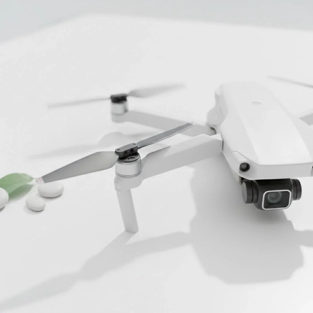 Infrared drone flying over a landscape, capturing thermal data